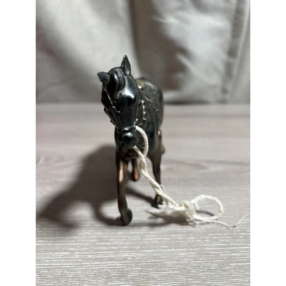 Vintage Hong Kong‎ Plastic Horse Figurine Black Copper Western Saddle Lead Rope